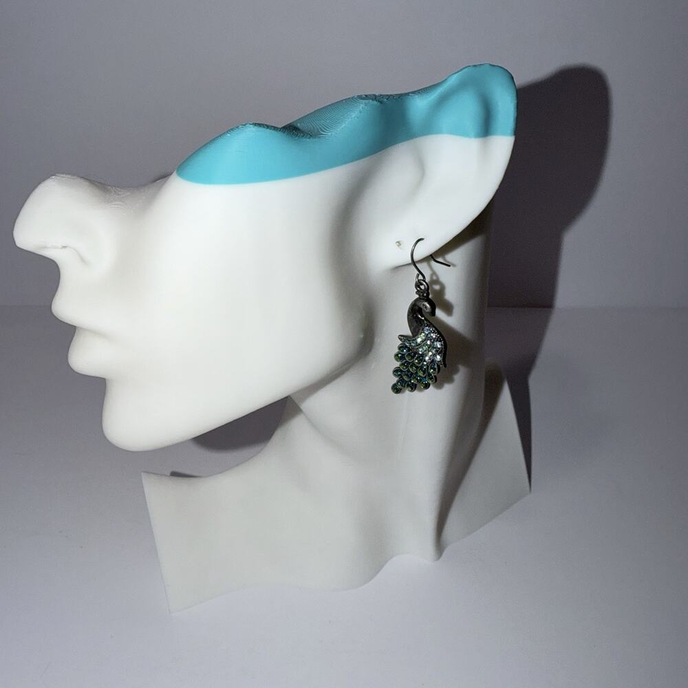 Silver Tone Hipster Peacock Dangle Drop Earrings Green Blue Rhinestone Crystals